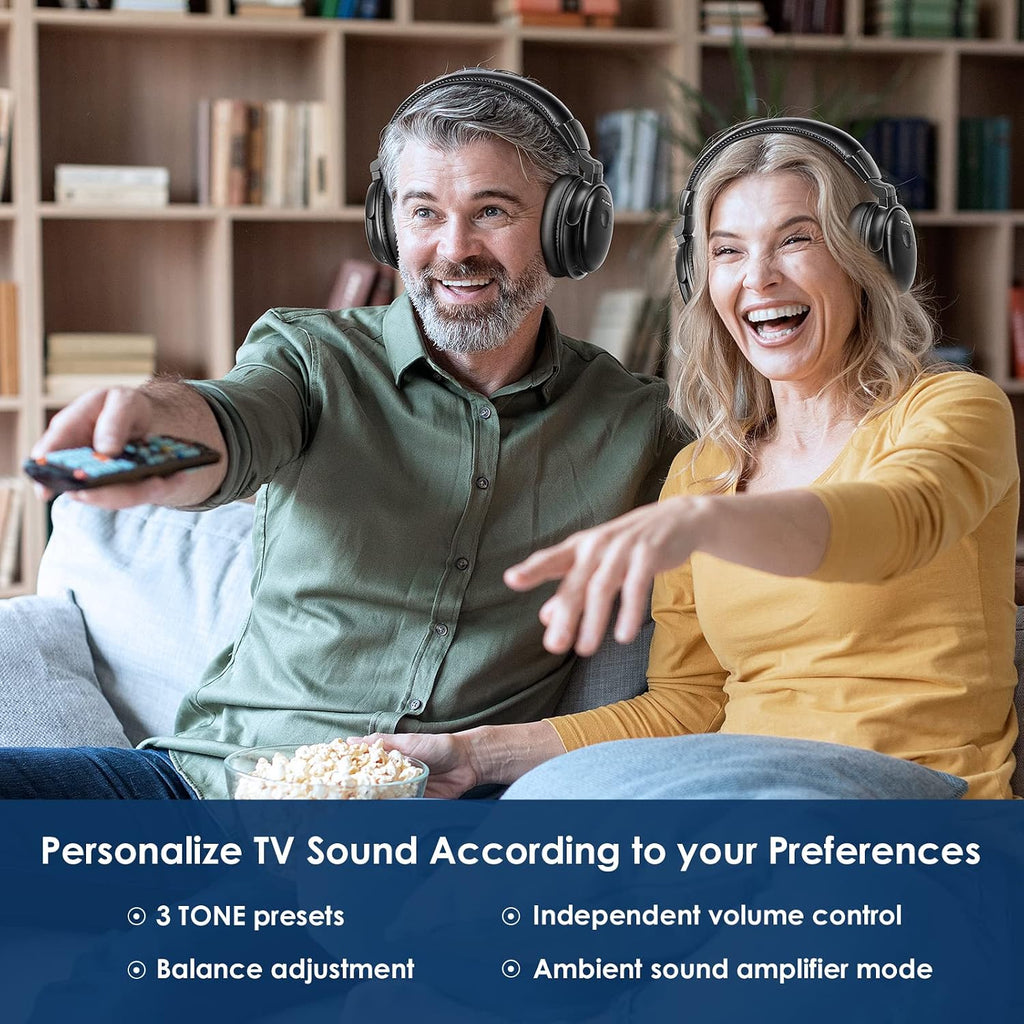 SIMOLIO Dual Wireless Headphones for TV Watching w/ 2.4G Transmitter & Charging Stand & Spare Battery, Dialog Clarifying, by-Pass, Tone & Balance Control, Clear Voice for Seniors, Long Range, SM829D2