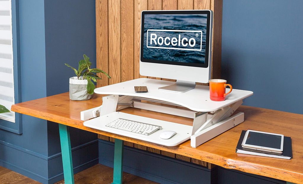 Rocelco 32' Height Adjustable Standing Desk Converter - Quick Sit Stand Up Dual Monitor Riser - Gas Spring Assist Tabletop Computer Workstation - Large Retractable Keyboard Tray - White (R ADRW)