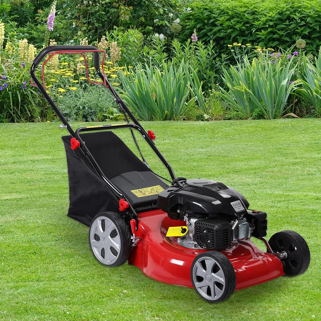 141cc Gas Lawn Mower,4-Stroke Engine Brushless Cordless Heavy-Duty Push Mower Self Propelled Lawn Mower Ergonomic Handle Grass Catcher,Durable & Efficient for Yard & Garden Red