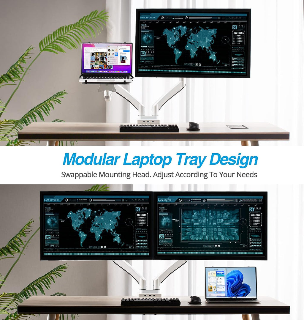 AVLT Dual 17'-43' Monitor Arm Desk Mount with 15' Laptop Tray and USB-C&A Docking Station 5Gbps, HDMI 4K60Hz, Ethernet, 100W PD, Fits Two Flat/Curved Monitor - White