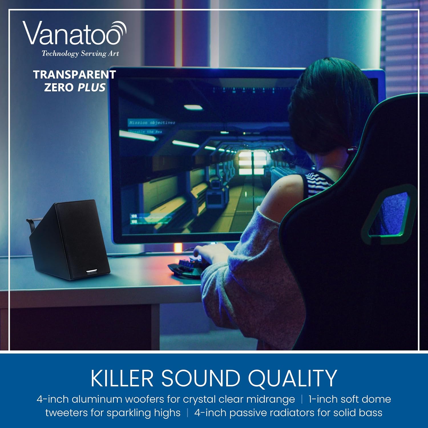Vanatoo Transparent Zero Plus Near Field Studio Monitor Speakers Pair for TV, PC, Gaming. 120 Watt Powered Speakers for Desktop and Room use. AUX, USB, Bluetooth, Toslink Optical, Remote Control.