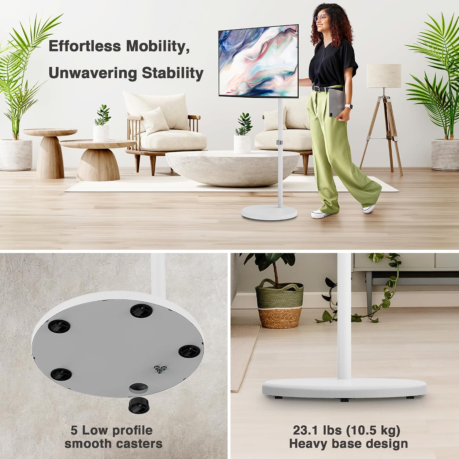 AVLT Single 17 to 43 Inch Portable Monitor Arm TV Rolling Stand with Heavy Base for Screens Up to 22 lbs, Mechanical Spring Height Adjustment, Screen Rotation, Mobile Low Profile Caster Wheel, White