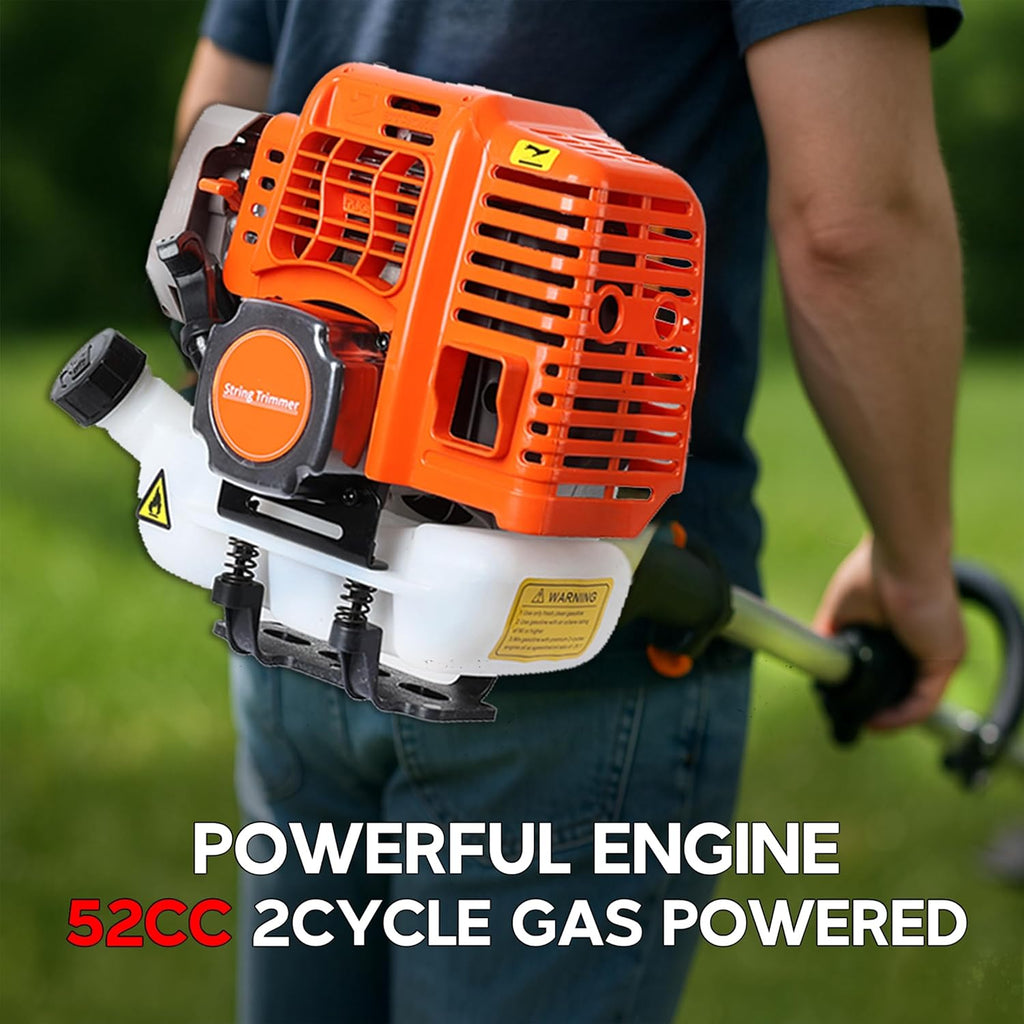 5 in 1 Gas Weed Eater, 52cc 2-Cycle Grass Trimmer & Hedge Trimmer, Brush Cutter, Weed Wacker Gas Powered, Pole Saw with Extension Pole, String Trimmer for Home, Garden, Lawn Care (Orange)