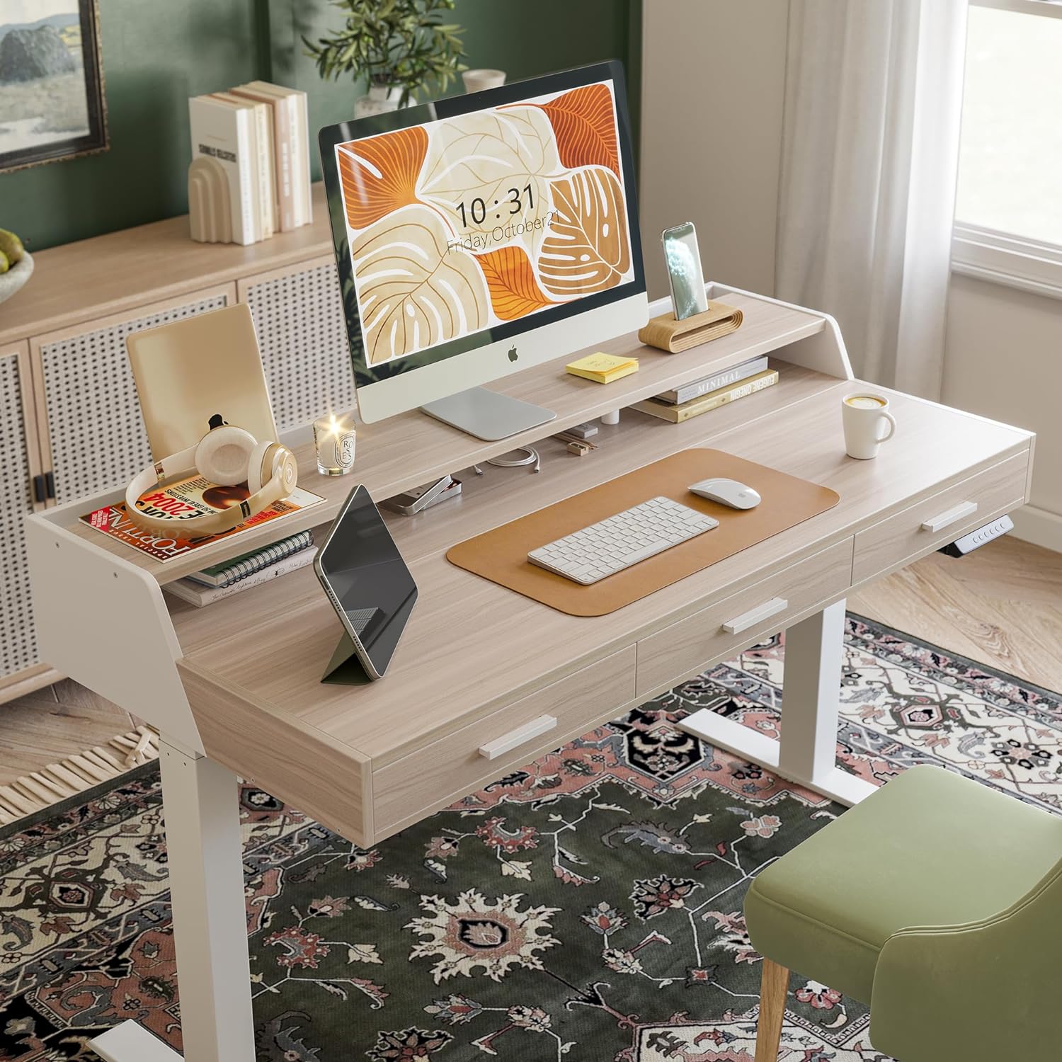 FEZIBO Electric Standing Desk 48x26 Inches with 3 Wood Drawers and Monitor Shelf, Height Adjustable Computer Desk, Ergonomic Rising Home Office Desks, Sit Stand Up Workstation Table, Light Walnut