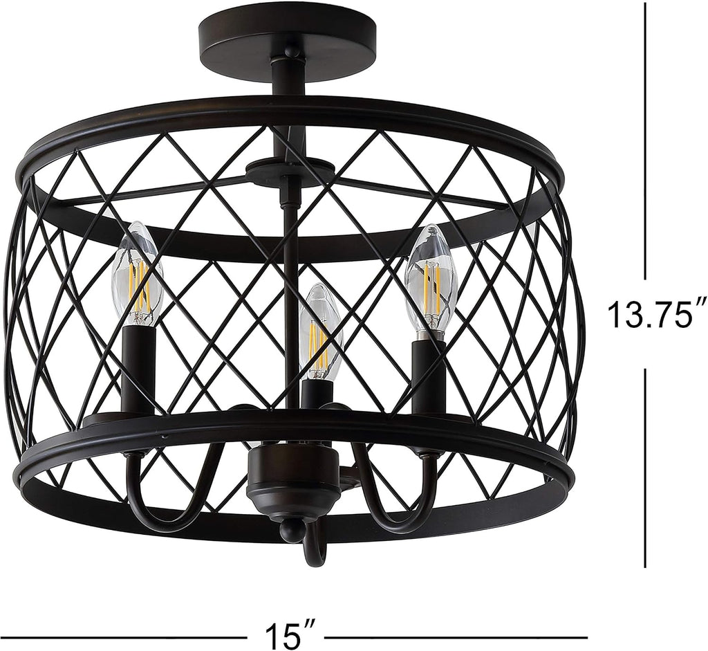 JONATHAN Y 15' Oil Rubbed Bronze LED Semi Flush Mount Ceiling Light, 3-Light Modern Industrial Drum Fixture for Bedroom Living Room Hallway, Gold Metal Cage Shade (JYL9037B)