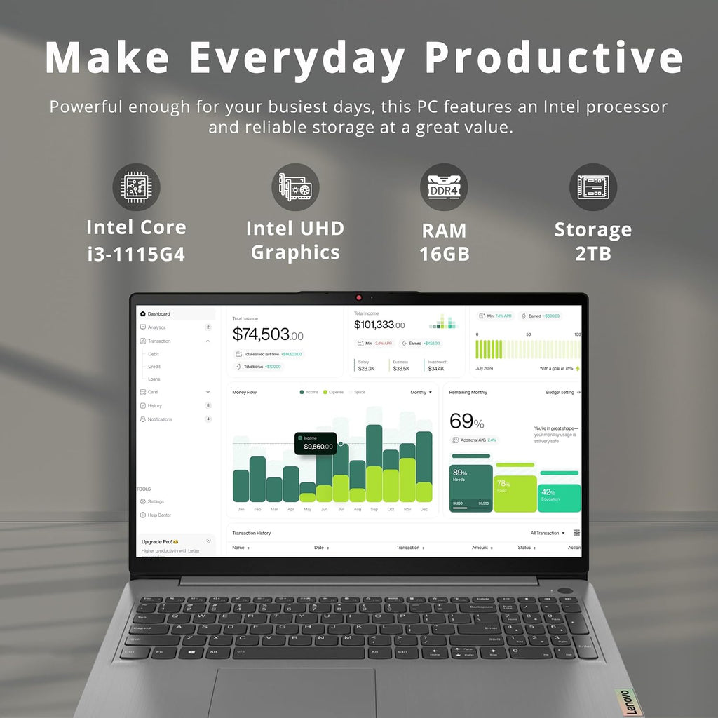 Lenovo Ideapad 3 15.6' FHD IPS Anti-Glare Touch Laptop, Intel Core i3-1115G4, 16GB DDR4, 2TB Storage (1TB SSD+1TB Docking Station), 720p HD Camera with Privacy Shutter, WiFi 6, Win 11 Pro, Grey