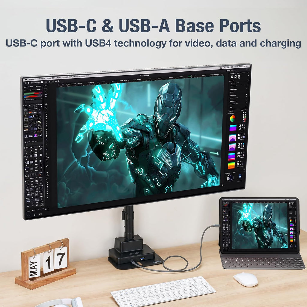 AVLT Single 57 Inch Heavy Duty Monitor Arm Pole Top Mount with USB-C/A Ports-Black, Height Adjustable, Easy Install Top C-Clamp/Grommet with Reinforcement Plates, VESA Compatible 200/100/75