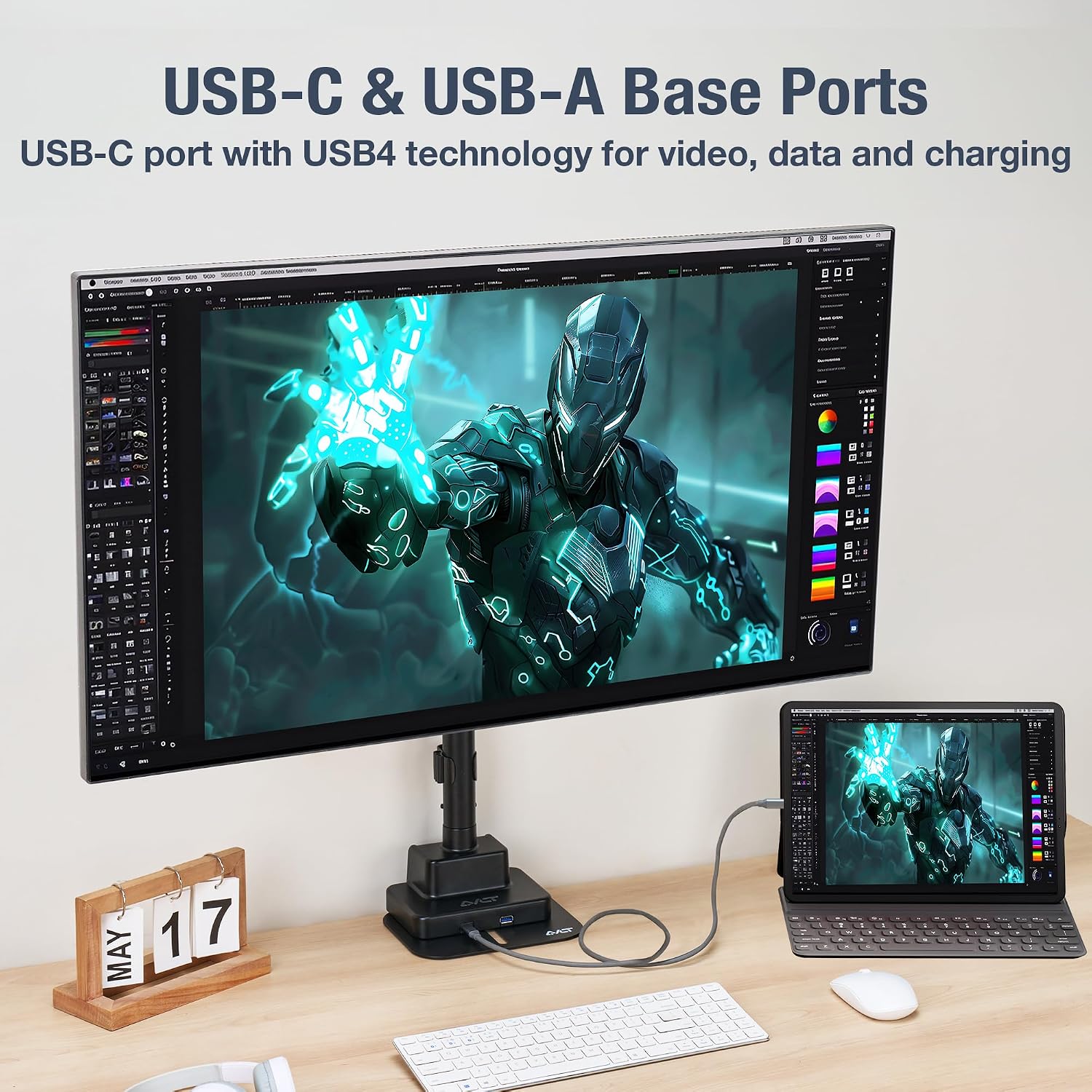 AVLT Single 57 Inch Heavy Duty Monitor Arm Pole Top Mount with USB-C/A Ports-Black, Height Adjustable, Easy Install Top C-Clamp/Grommet with Reinforcement Plates, VESA Compatible 200/100/75