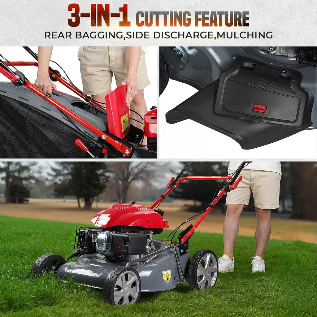 20-Inch Gas Mower Self Propelled, Push Lawnmower 173cc Gas Powered, Gas Lawn Mowers, Push Mowers with 60l Grass Tank for Yard Patio Lawn Landscaping Red