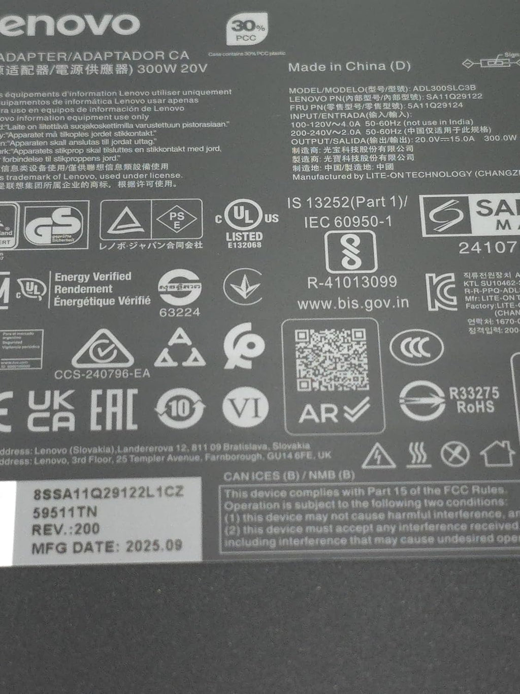 Lenovo Slim 300W AC Adapter for Legion 7 7i 5i 5Pro Thinkpad R7000P R9000P ADL300SDC3A ADL300SLC3B, SA11029122, 5A11Q29124.
