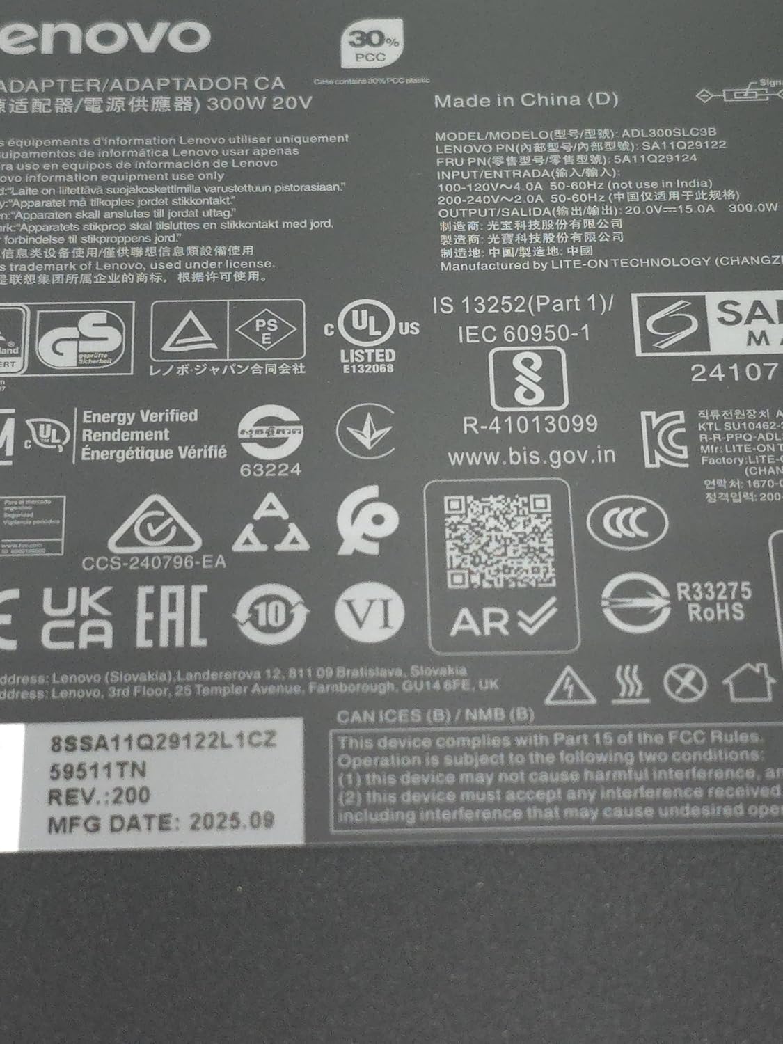 Lenovo Slim 300W AC Adapter for Legion 7 7i 5i 5Pro Thinkpad R7000P R9000P ADL300SDC3A ADL300SLC3B, SA11029122, 5A11Q29124.