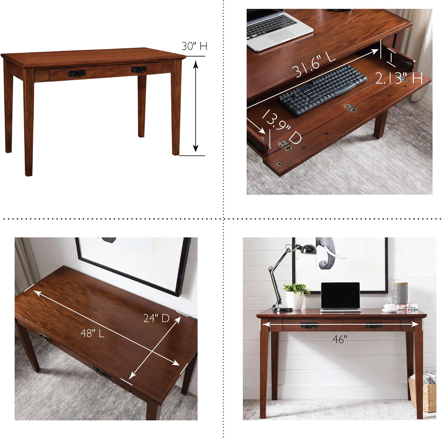 Leick Home 82400 Mission Writing Computer Desk with Drop Front Keyboard Drawer, for Home Office, Solid Wood, Mission Oak