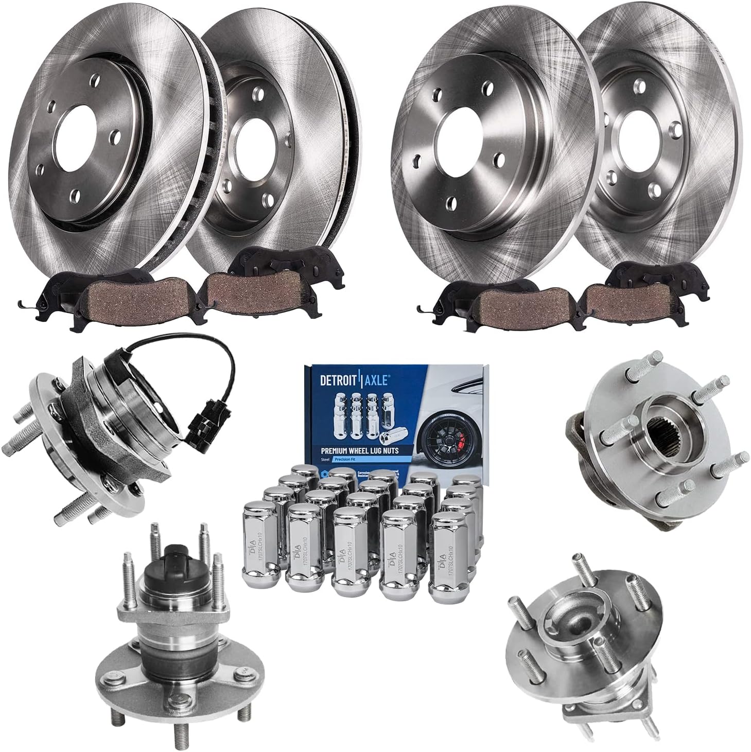 Detroit Axle - Brake Kit for Chevy Malibu Pontiac G6 Saturn Aura, Disc Brake Rotors Brake Pads Wheel Bearing Hubs Wheel Lug Nuts Replacement [11.65'' inch Front & 10.63'' inch Rear Rotor]