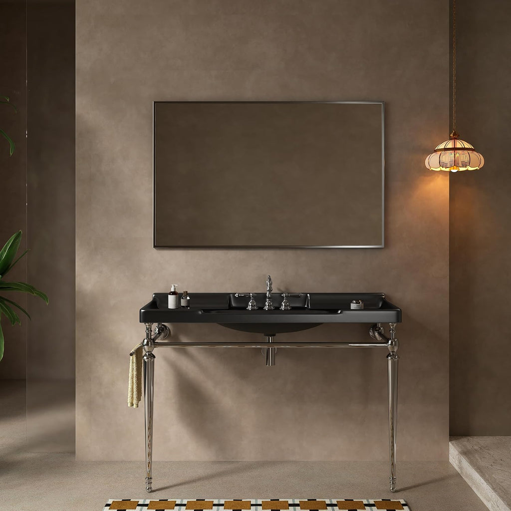 48' Free Standing Bathroom Vanity with Stainless Steel Chrome Supporting Leg and Towel Rack, Black Bathroom Console Sink with 3 Tap Holes, Black
