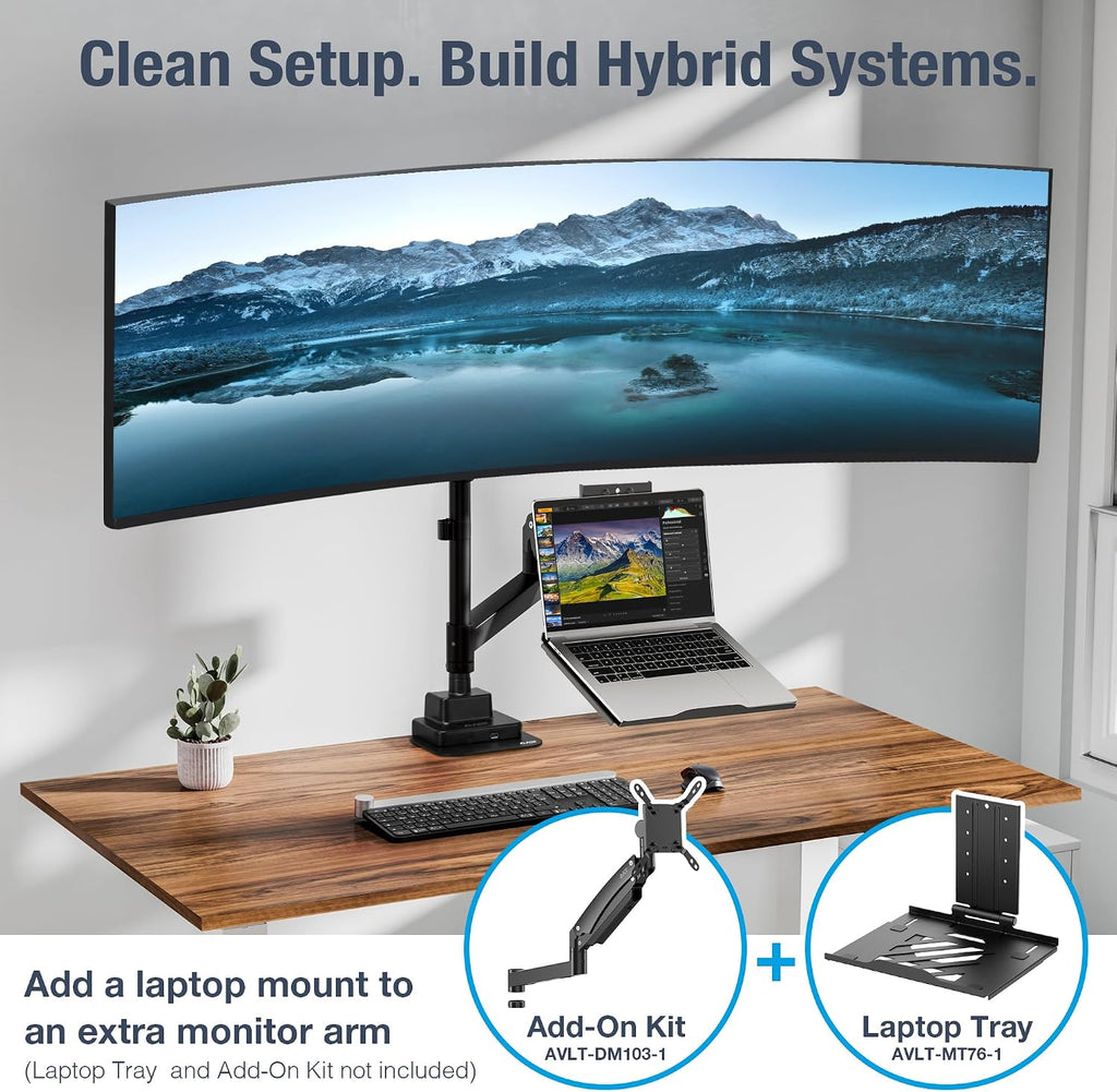AVLT Single 57 Inch Heavy Duty Monitor Arm Pole Top Mount with USB-C/A Ports-Black, Height Adjustable, Easy Install Top C-Clamp/Grommet with Reinforcement Plates, VESA Compatible 200/100/75