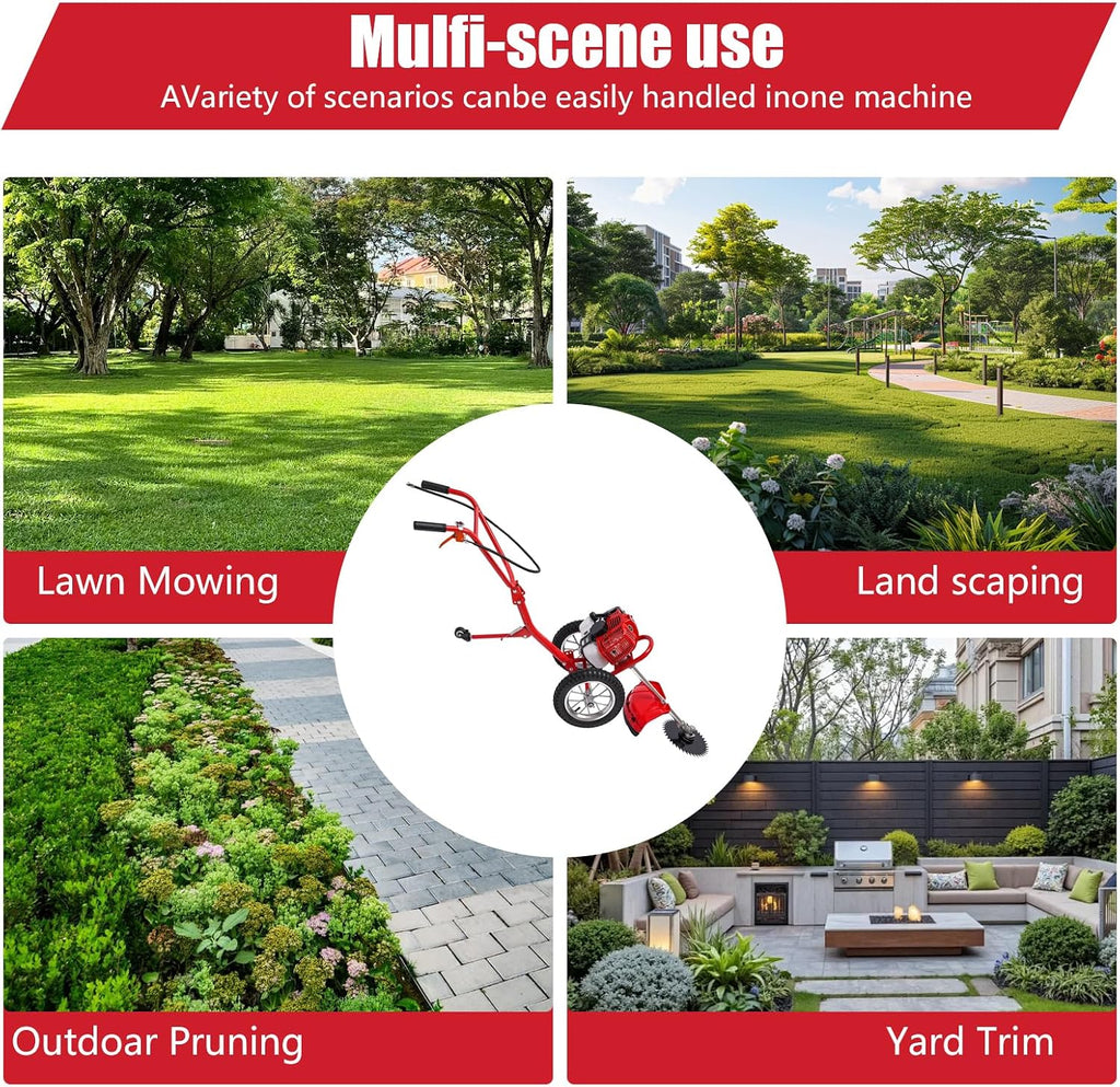 49CC Gas Lawn Mower,2-Stroke Push Lawn Mower 1.8KW 7000RPM Brush Cutter with 2 Loosening Blades Mowing & Loosening 2-in-1 Gas Mower with Air-Cooled System