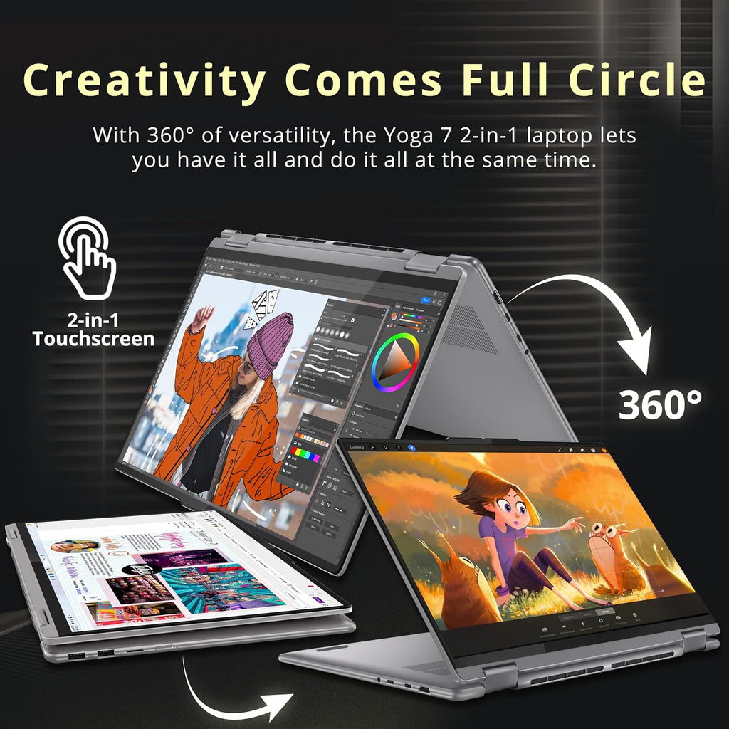 Lenovo Yoga 7 2-in-1 16' 2K Touchscreen Laptop, AMD Ryzen 7 8840HS, 16GB LPDDR5X, 3TB Storage (2TB SSD+1TB Docking Station Set), Backlit Keyboard, Fingerprint, Copilot, FHD Webcam, Win 11, Grey