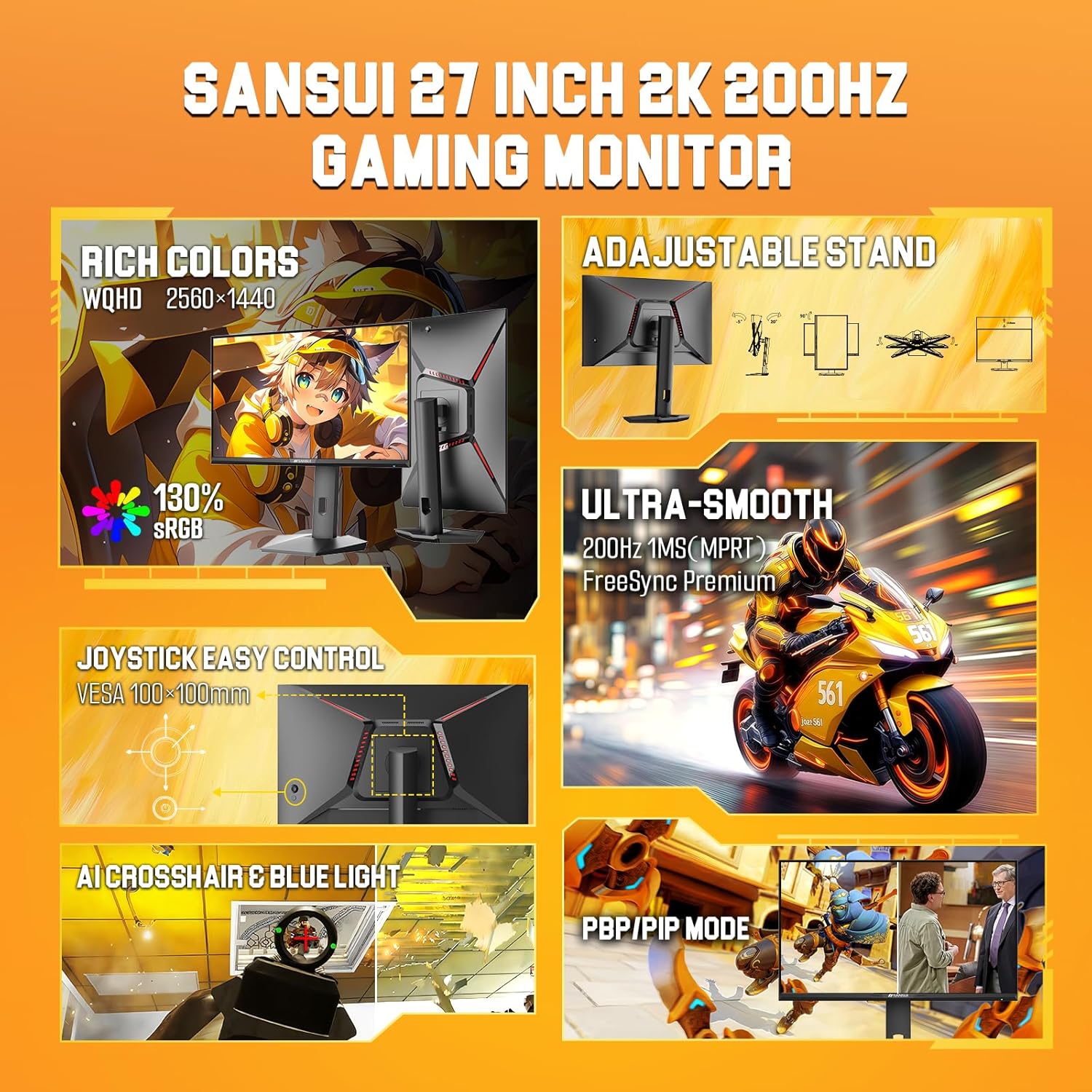 SANSUI Gaming Monitor 27 inch 1440p 200Hz 180Hz, WQHD Fast IPS 1ms Computer Monitor, FreeSync Premium | Brightness 400Nits | 130% sRGB | 10Bits | HDR | ErgoStand | VESA Mount | 2×DP 1.2 & 2×HDMI