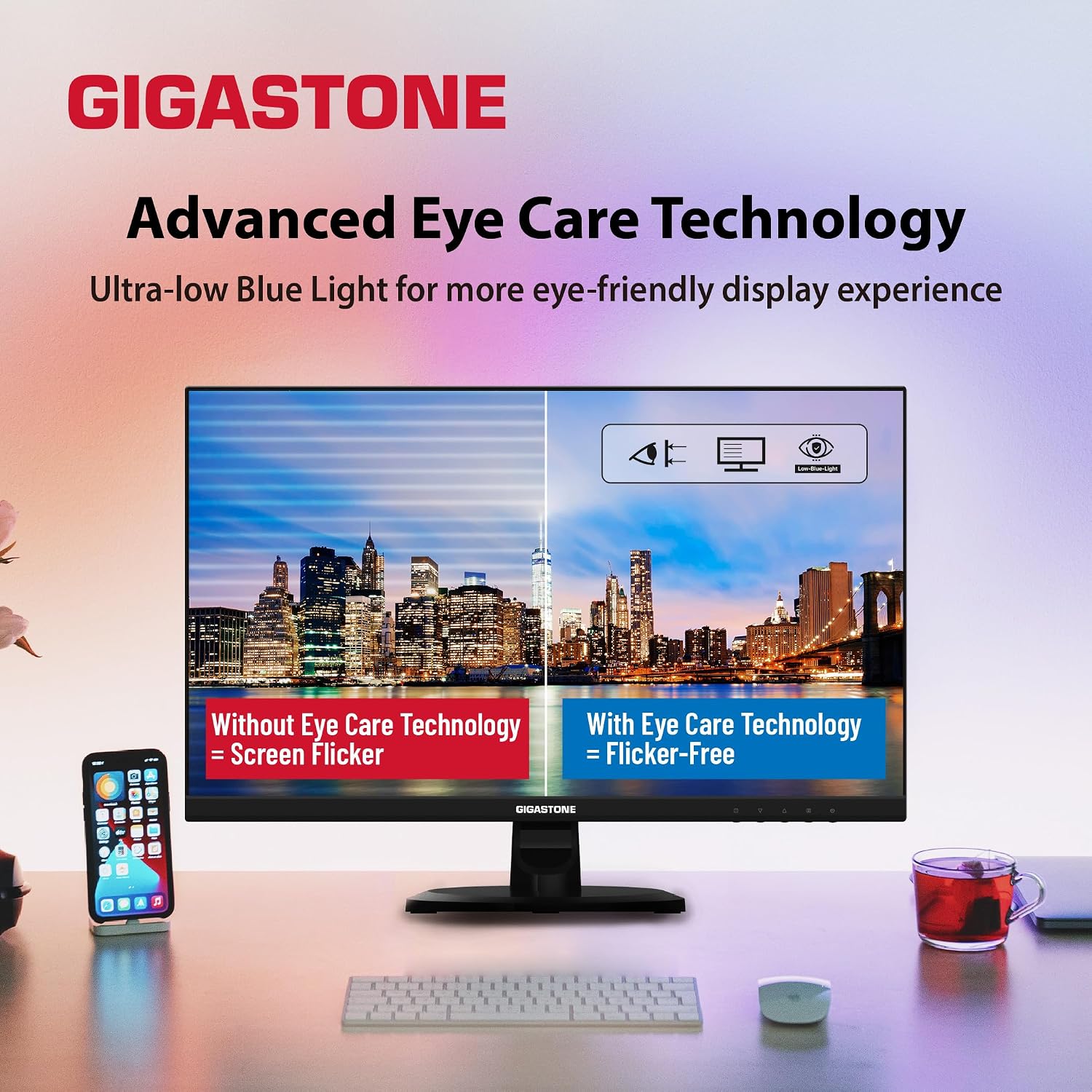 Gigastone 24 inch IPS LED Back Light Monitor 75Hz FHD 1920 x 1080, 1080P 178° Wide View Frameless Computer Monitor 5ms, Built-in Speakers, Eye Care Technology, Ergonomic Tilt VESA Mount, HDMI VGA