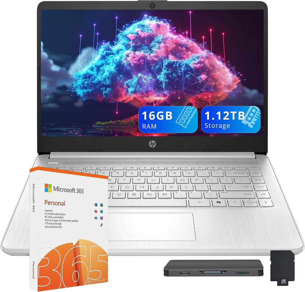 HP Stream 14' Laptop for Students & Business, Intel Processor N150, 16GB RAM, 1.12TB Storage (128GB UFS+1TB Docking Station Set), Wi-Fi 6, 1 Year Office 365, Copilot AI, Fast Charge, Win 11s, Silver