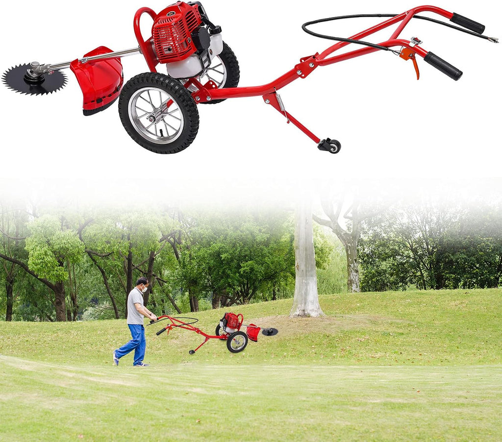 49CC Gas Powered Lawn Mower, 2 Stroke Hand Push Weed Wacker with Wheels, 1.8Kw 7000Rpm Behind Push Grass Trimmer, Brush Cutter for Lawn, Garden, Hills, Plains & Orchards