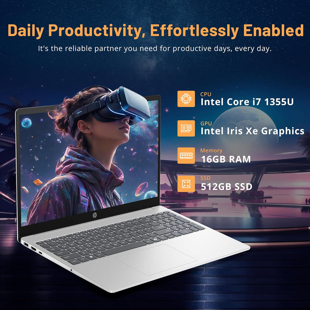 HP 15.6' FHD Touchscreen Laptop, Intel i7-1355U, 16GB DDR4 RAM, 512GB PCIe SSD, ‎Intel Iris Xe Graphics, Full-Size Keyboard, Wi-Fi 6, Win 11, Silver (Renewed)