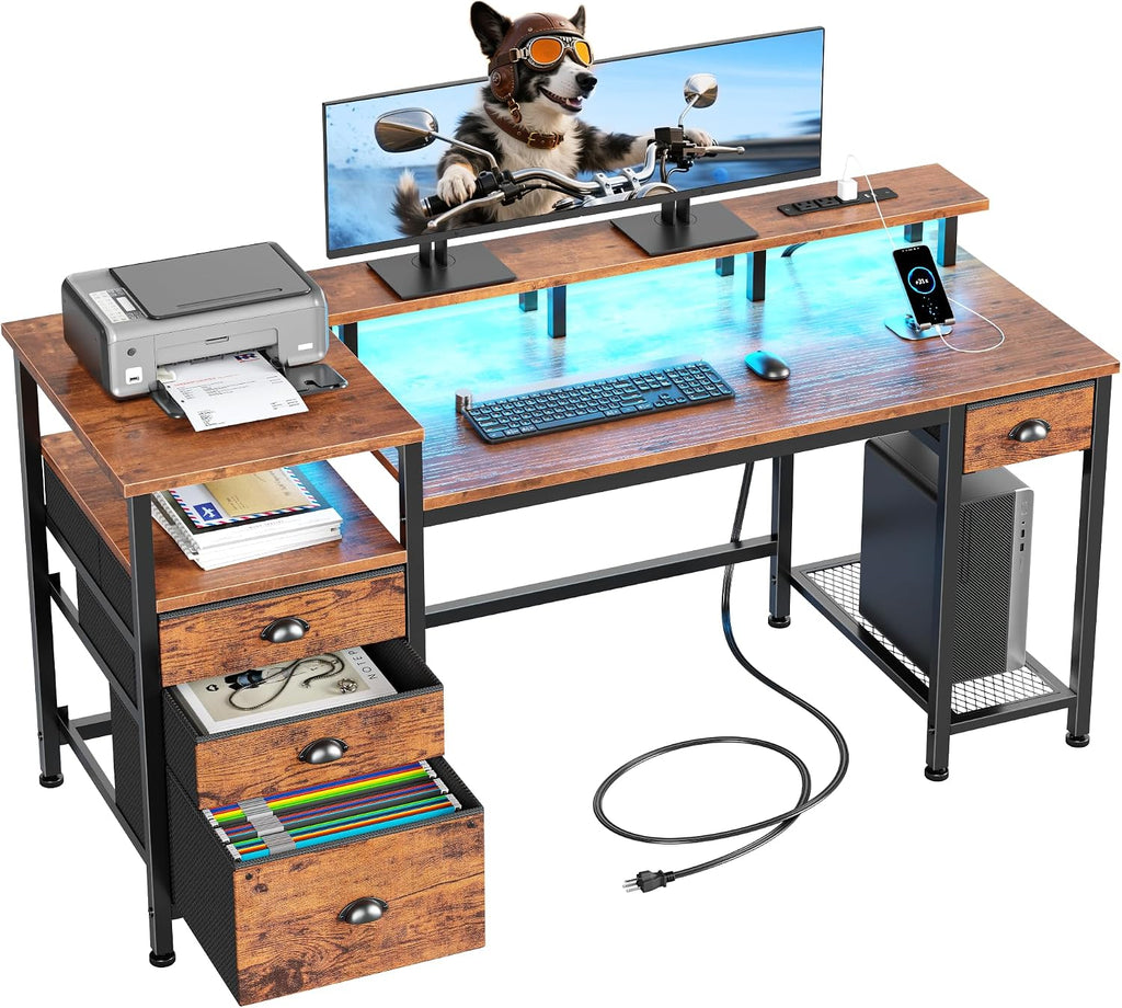 Furologee 60' Computer Desk with File Cabinet and Storage Shelves, Reversible Home Office Desk with LED Lights, Full Monitor Stand, Power Outlets, Study Gaming Table with 4 Drawers, Rustic Brown