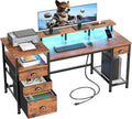 Furologee 60' Computer Desk with File Cabinet and Storage Shelves, Reversible Home Office Desk with LED Lights, Full Monitor Stand, Power Outlets, Study Gaming Table with 4 Drawers, Rustic Brown