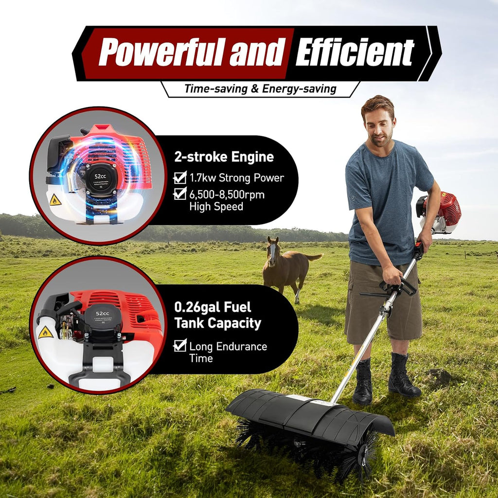 52CC Grass Handheld Sweeper Power Broom for Artificial Turf 2-Stroke Gas Powered Broom Turf Brush for Artificial Grass Single Cylinder Grass Power Brush Lawn Sweeper Cleaner Tools