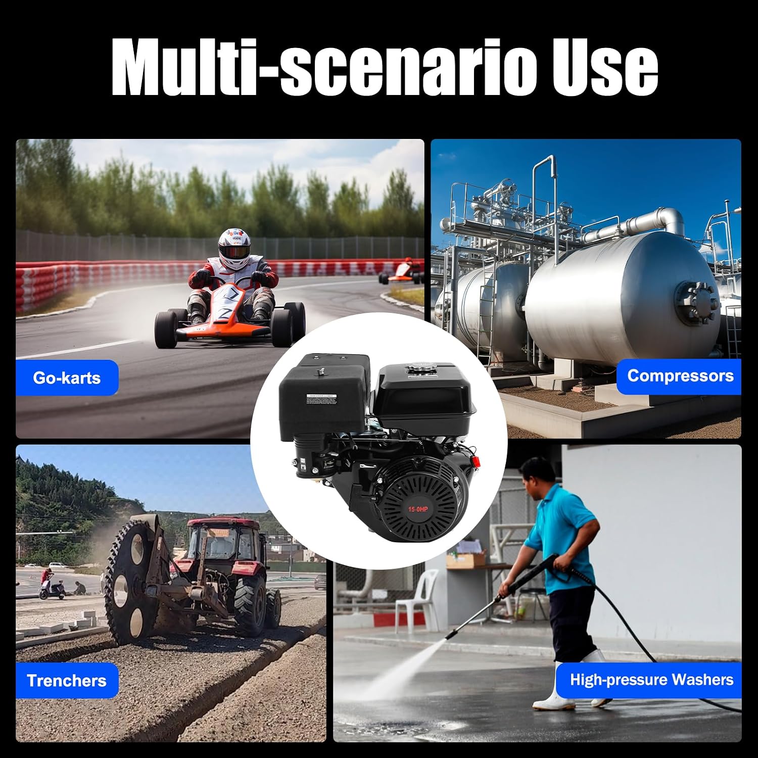 15HP 4-Stroke Gas Engine 420CC OHV Horizontal Shaft Single Cylinder Gas Engine, Recoil Start Go Kart Motor/Manually Starting Motor with Pull Handle and Silencer for Compressor Lawnmower
