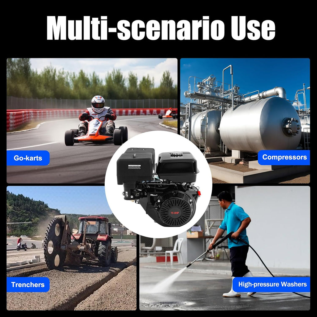 15HP OHV Gasoline Motor, 420CC Gas Powered Engine 4 Stroke Go Kart Air Cooled Single Cylinder Engine for Compressor Lawnmower Garden Tool Fuel Consumption Rate 374g/Kw.H 9.7KW 3600RPM