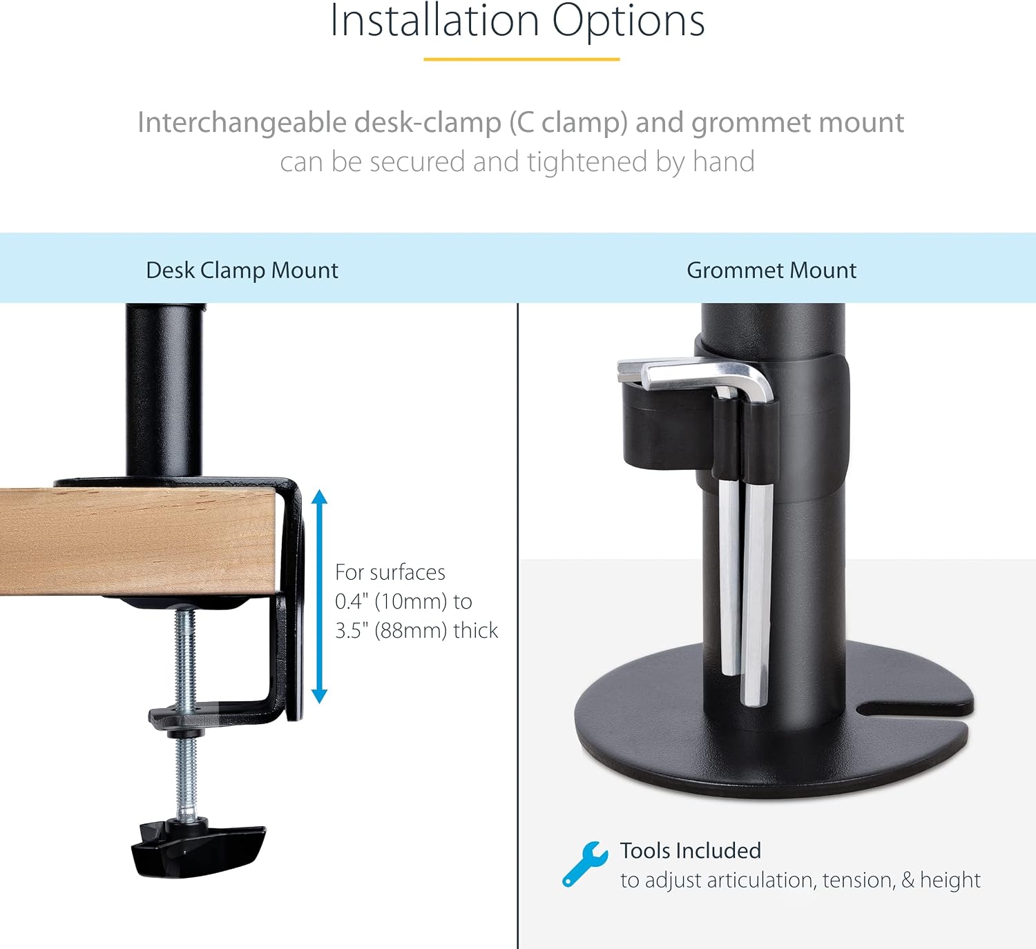 StarTech.com Laptop Desk Mount, VESA Monitor Mount for Displays up to 34' 17.6lb/8kg or Laptops up to 9.9lb (4.5kg), Articulating Arm Tray with Clamp or Grommet Base