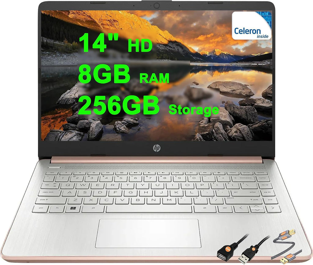 HP 14 Lightweight Business & Student Laptop 14' HD Anti-Glare Intel Celeron 4-core N4120 8GB RAM 256GB Storage (128GB eMMC + 128GB SD Card) Type-C Fast Charge Long-Lasting Battery Win11 ICP Accessory