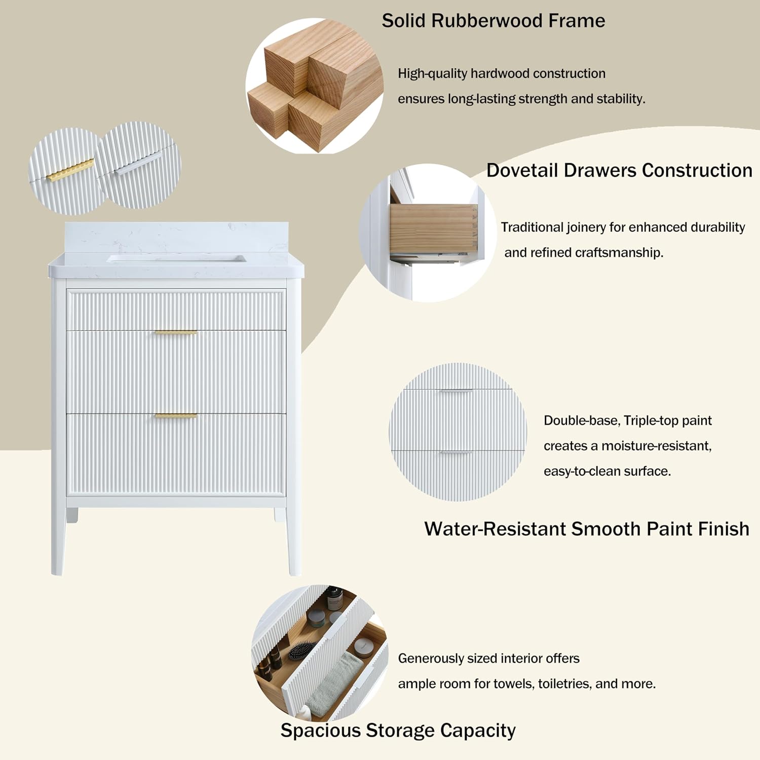 30-Inch Fully Assembled Freestanding Single Sink Bathroom Vanity, Solid Rubber Wood Cabinet with Engineered Carrara Marble Top & Backsplash, White