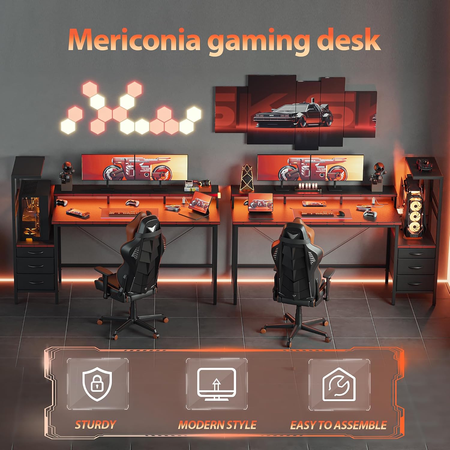 Mericonia 52 inch Gaming Desk with LED Lights & Power Outlets, Reversible Computer Desk with Storage Drawers & Monitor Stand, Large Gaming Table for Home Office