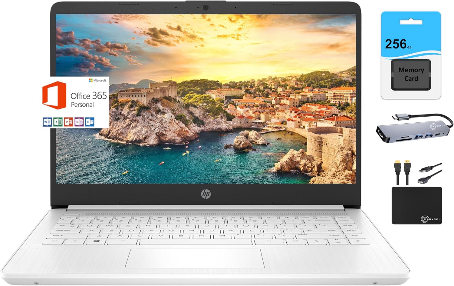 HP Newest 14' HD Light Thin Laptop Student Business, Quad-Core Intel N4120, 16GB RAM, 320GB (64GB eMMC+ 256GB Card), Webcam, Wi-Fi, Long Battery, Windows 11S +1 Year Office 365, White+MarxsolAccessory