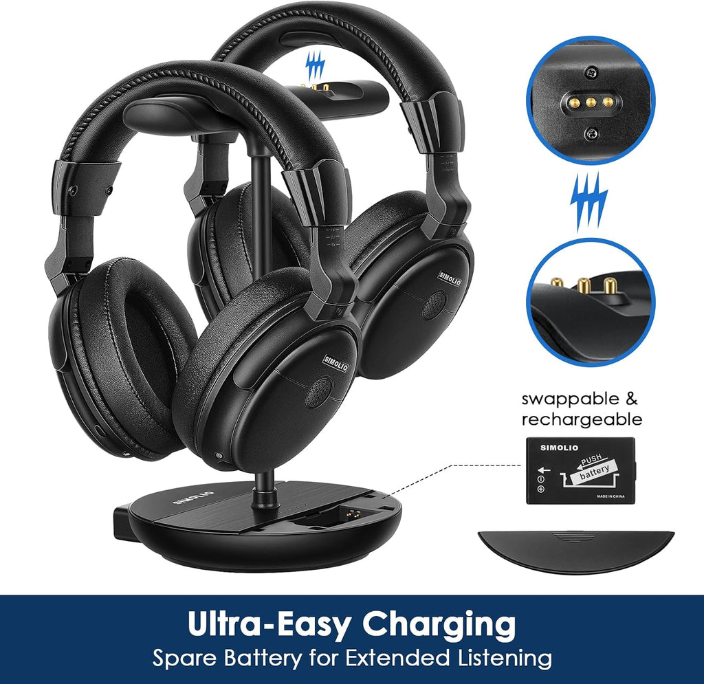 SIMOLIO Dual Wireless Headphones for TV Watching w/ 2.4G Transmitter & Charging Stand & Spare Battery, Dialog Clarifying, by-Pass, Tone & Balance Control, Clear Voice for Seniors, Long Range, SM829D2
