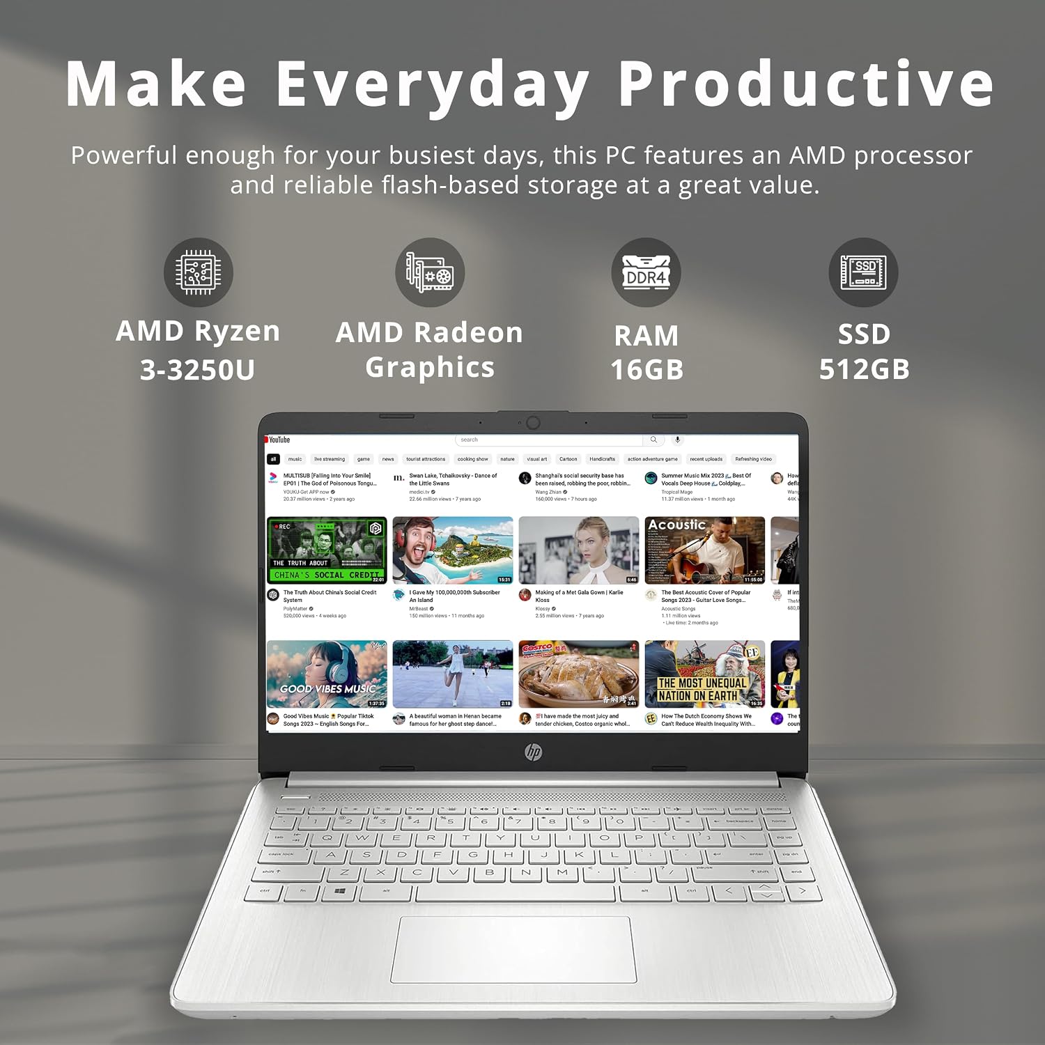 HP 14' FHD IPS Laptop, AMD Ryzen 3 3250U Processor, 16GB RAM, 512GB PCIe SSD, AMD Radeon Graphics, 720p HD Webcam, Dual Speakers, Wi-Fi, Bluetooth, Windows 11 S, Silver (Renewed)