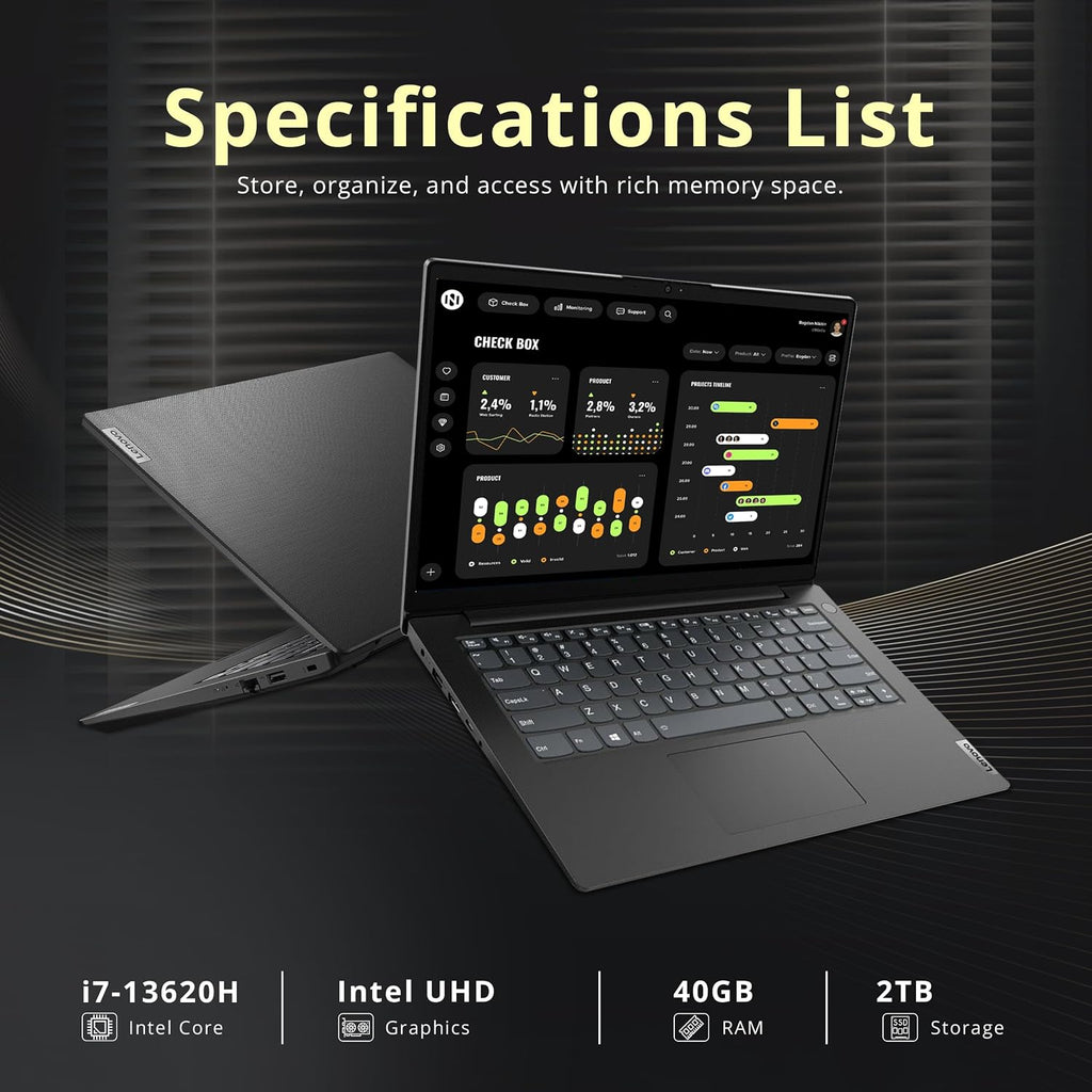 Lenovo V14 14' FHD Business Laptop, Intel i7-13620H, 40GB DDR4 RAM, 2TB Storage(1TB SSD+1TB Docking Station Set), ‎Intel UHD Graphics, Wi-Fi 6, 720p HD Camera, Win 11, Black