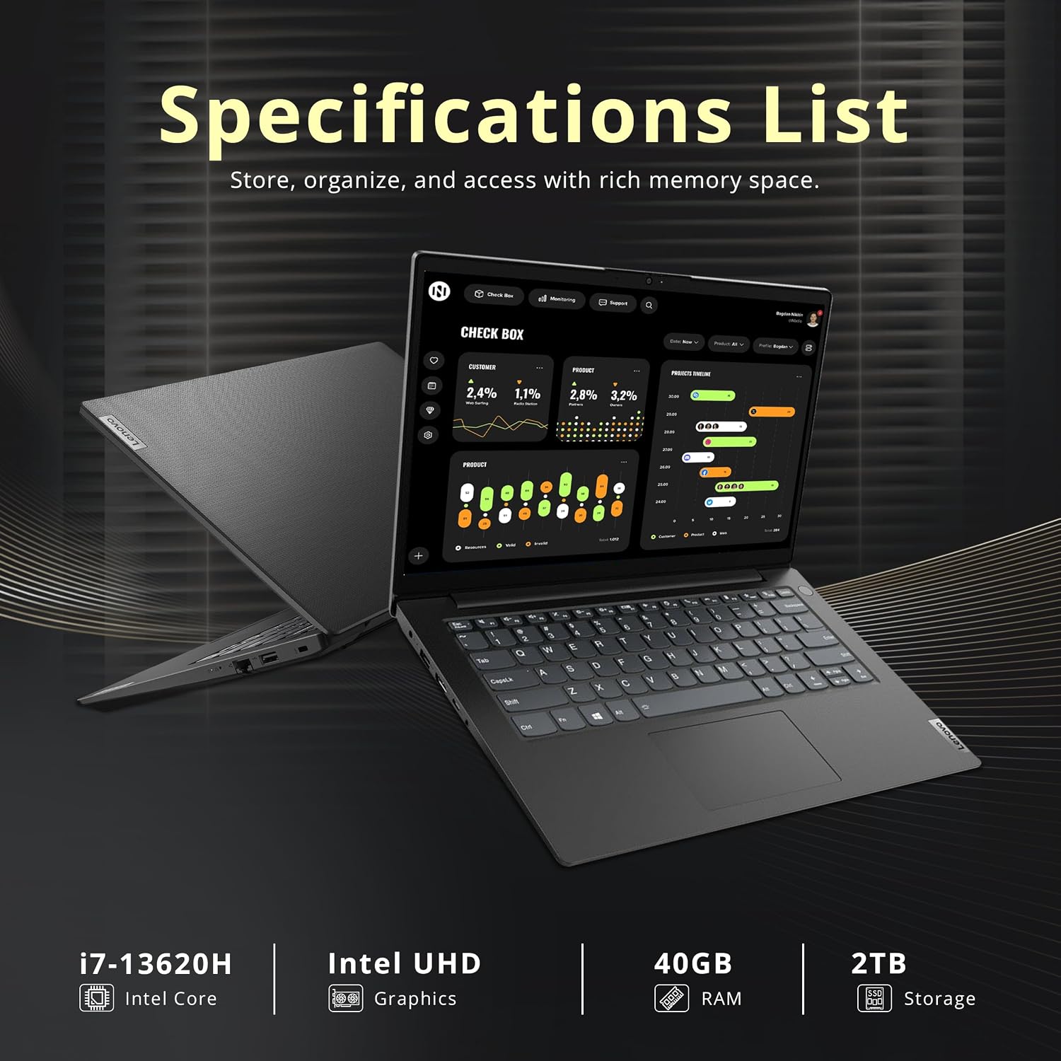 Lenovo V14 14' FHD Business Laptop, Intel i7-13620H, 40GB DDR4 RAM, 2TB Storage(1TB SSD+1TB Docking Station Set), ‎Intel UHD Graphics, Wi-Fi 6, 720p HD Camera, Win 11, Black