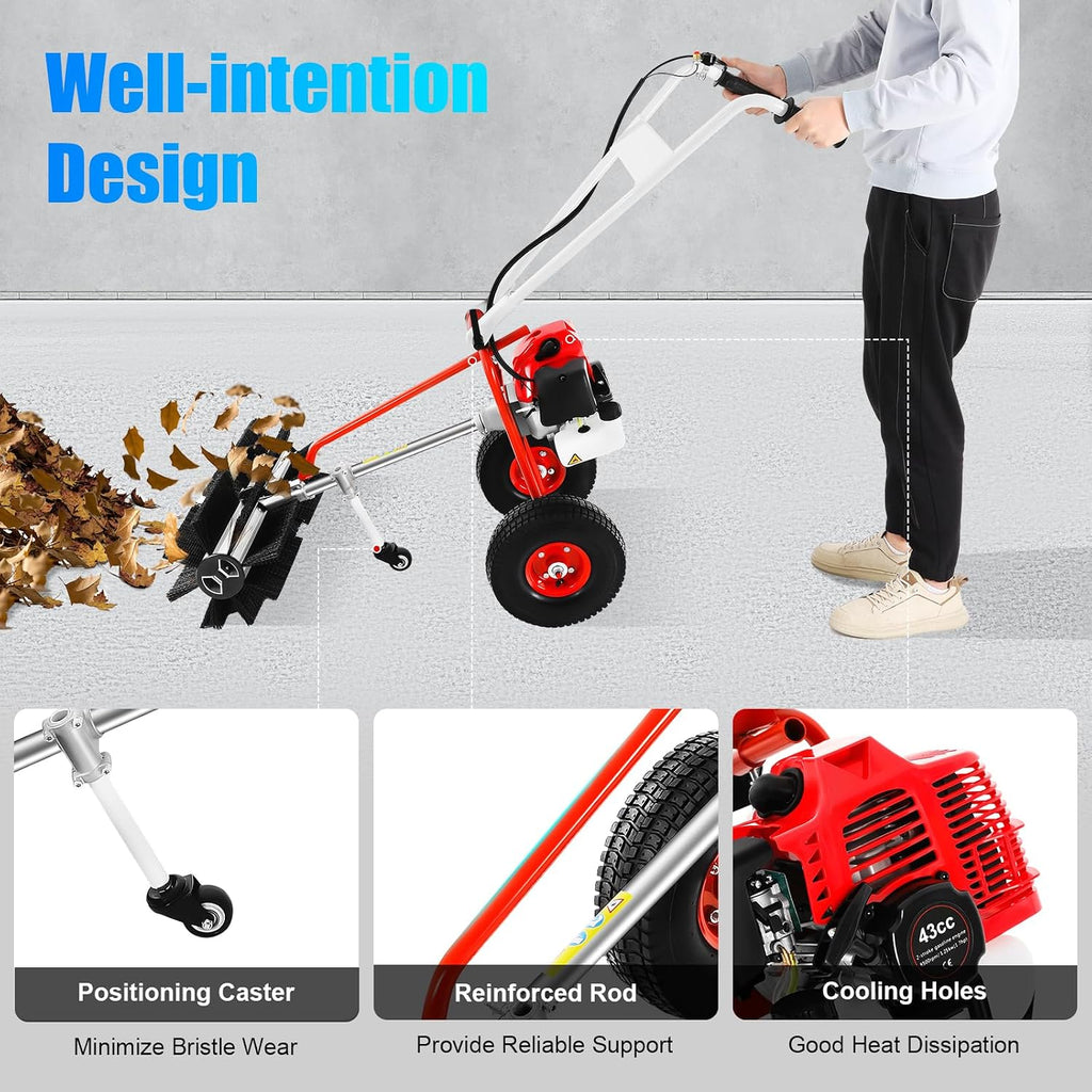 1.7HP Gas Power Broom Sweeper, 43CC 2 Stroke Walk Behind Hand Snow Sweeper, Portable Artificial Grass Brush Handheld Turf Lawn Sweeper Device, 8500RPM, for Garden Lawn Yard