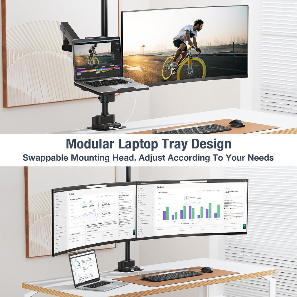 AVLT Laptop & 40 Inch Monitor Arm Pole Top Mount with USB-C&A Ports-Black, VESA Compatible, Supports 26.4 lbs (12 kg), Ultrawide Screen Fit, Adjustable Height, Tilt Swivel Rotate, Cable Management