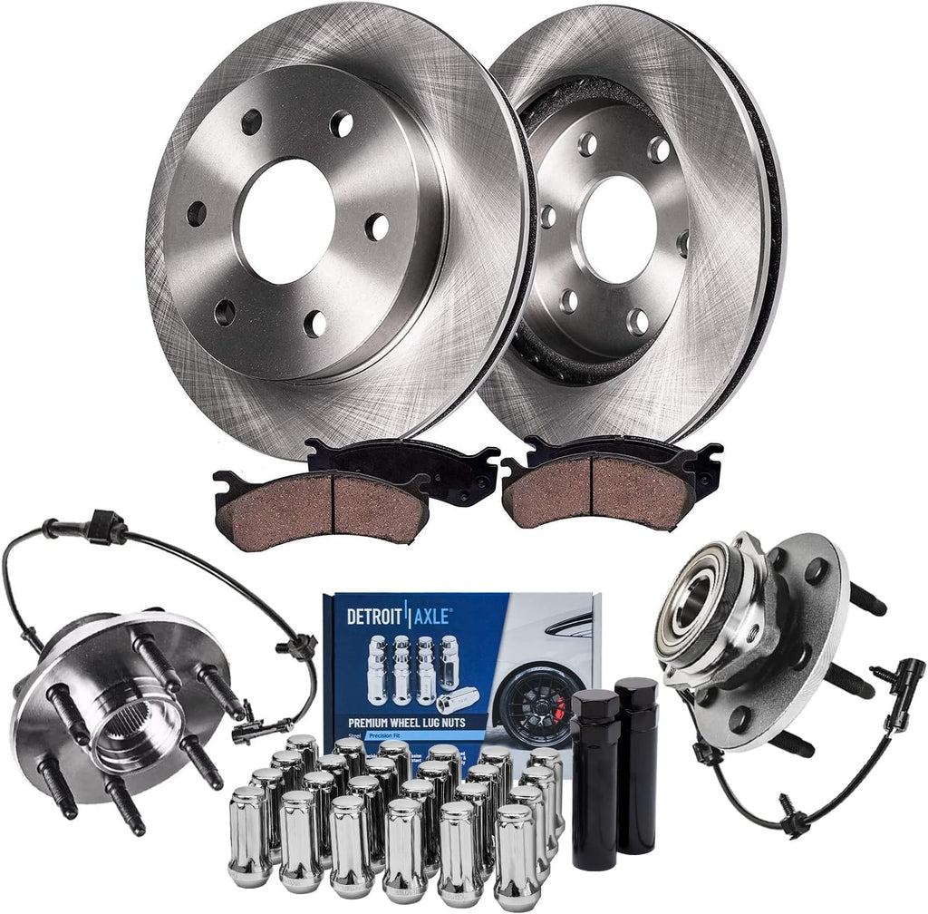 Detroit Axle - 4WD Front Disc Rotors Brake Pads Wheel Hubs + 24pc Lug Nuts w/keys Replacement for Chevy GMC Sierra Silverado 1500 Escalade ESV EXT- 32pc Set