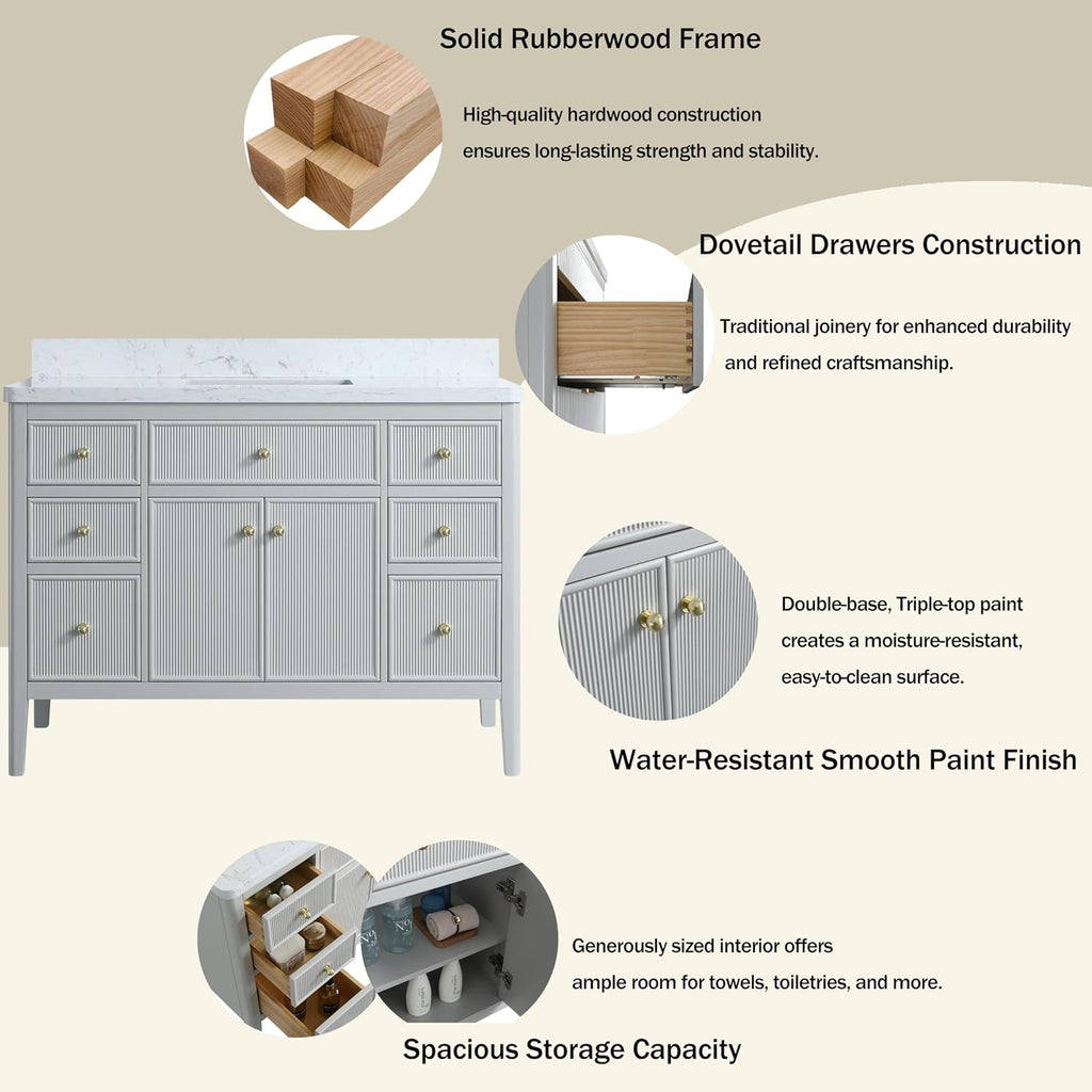 48' Grey American Design Bathroom Vanity with Engineered Marble Top - Solid Rubber Wood, 6 Drawers, 2 Soft Close Doors, White Square Sink - Freestanding Single Sink, Light Grey