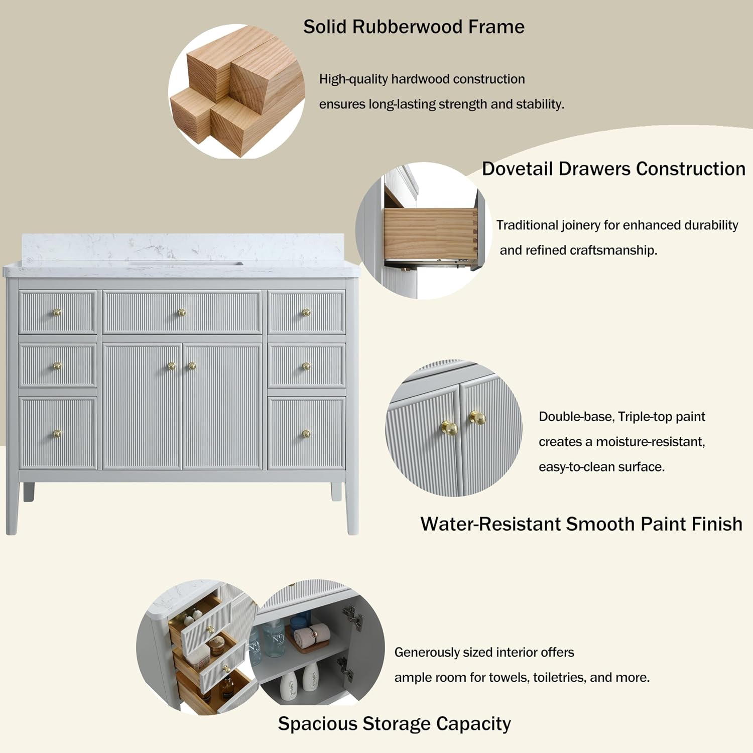 48' Grey American Design Bathroom Vanity with Engineered Marble Top - Solid Rubber Wood, 6 Drawers, 2 Soft Close Doors, White Square Sink - Freestanding Single Sink, Light Grey