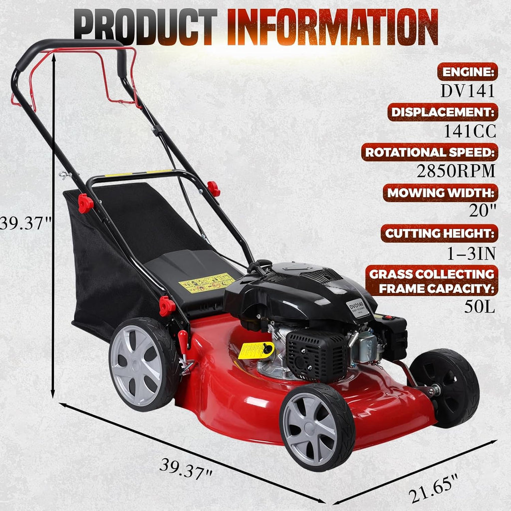 Gas Lawn Mower Self Propelled, 141cc Gas Push Mowers Walk-Behind with 20-inch Steel Deck, 8-Level Height Adjustment, 3-in-1 Mulch, Bag, Discharge, 12-inch High Rear Wheels Red