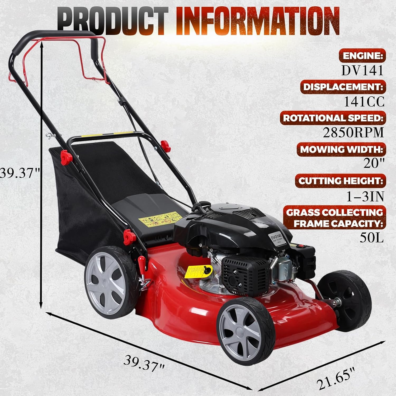 Gas Lawn Mower Self Propelled, 141cc Gas Push Mowers Walk-Behind with 20-inch Steel Deck, 8-Level Height Adjustment, 3-in-1 Mulch, Bag, Discharge, 12-inch High Rear Wheels Red