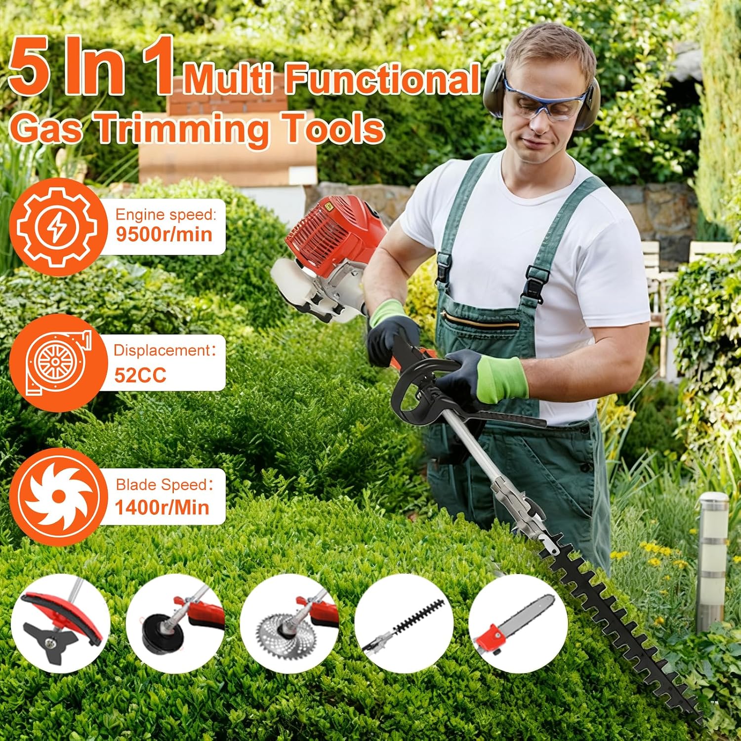 Weed Eater Gas Powered Hedge Trimming Tools Weed Wacker Grass Cutter String Trimmer Multifunctional Trimming Tool Brush Cutter Weedeater Edger Pole Saw Pruner Lawn Trimmer 5 in 1 52CC 2-Stroke