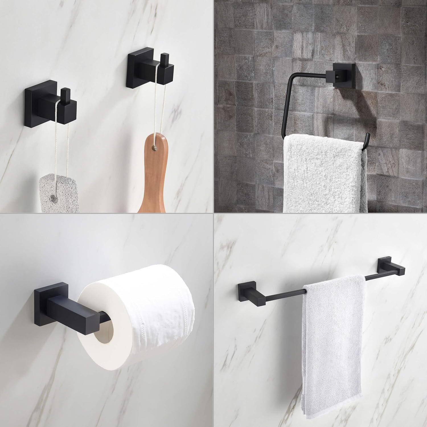 KIBI Cube 5-Piece Bathroom Hardware Set, Modern Bathroom Accessories | Includes 18' Towel Bar, Towel Ring, Toilet Paper Holder & Robe Hooks | Durable and Rust-Resistant (Matte Black, C-KBA15-5-3)