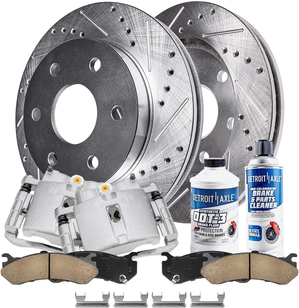 Detroit Axle - Front 8pc Brake Kit for Chevy Silverado GMC Sierra Savana Express Yukon XL 1500 Escalade ESV EXT, Drilled Slotted Disc Brake Rotors Ceramic Brake Pads Brake Calipers Replacement